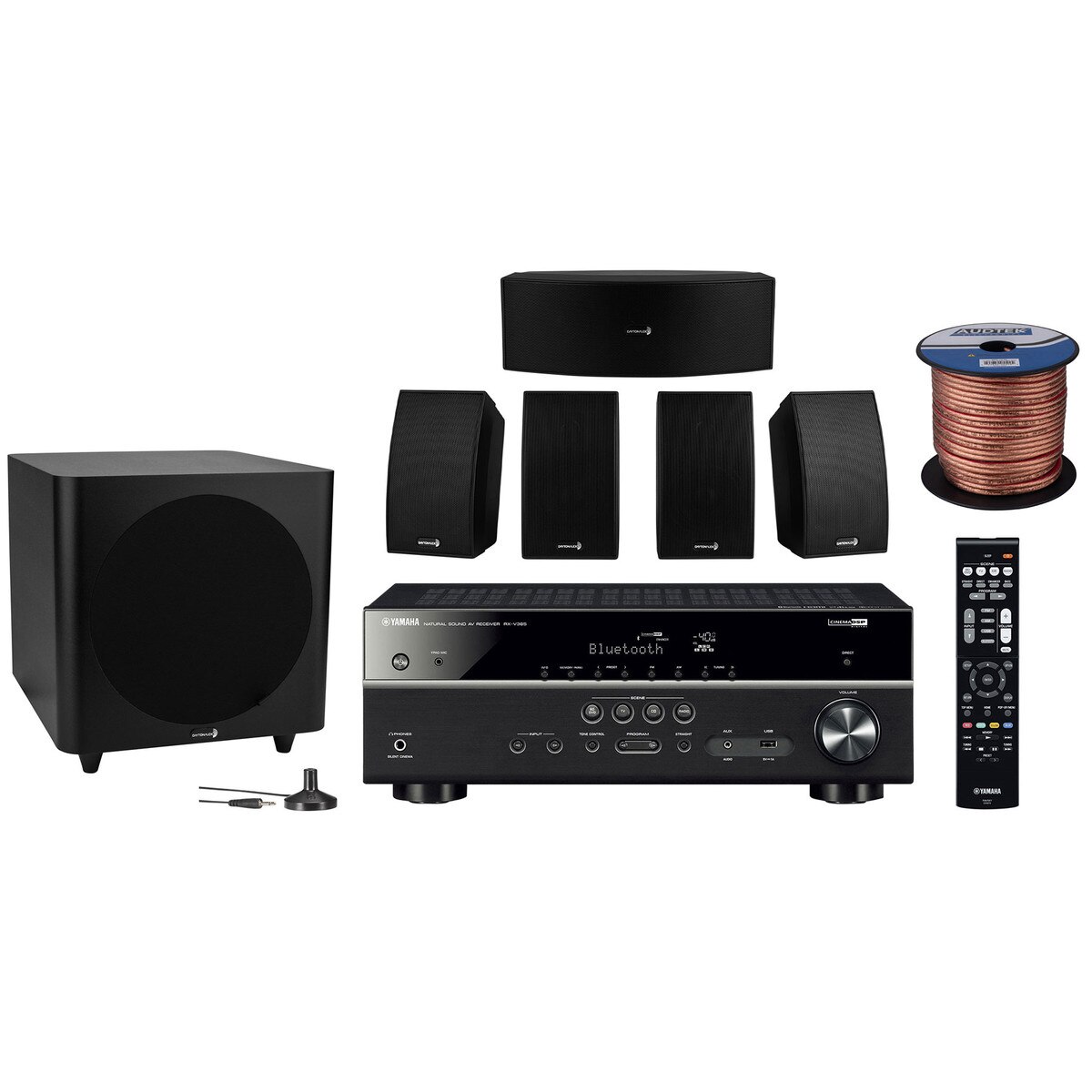 Yamaha RXV385 5.1 Home Theater Receiver Bundle with Speakers Subwoofer and Speaker Wire